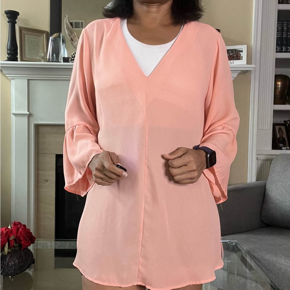 Andree by Unit Peach Bell Sleeve Sheer Top. 1X